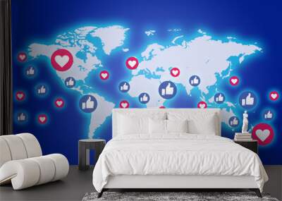 snsで世界にイイねとハートがあふれる worldwide sns sending like and hearts globally Wall mural