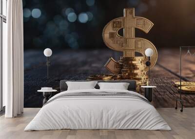 A 3D dollar sign made of stacked gold coins, sitting on a wooden floor with a dark background, symbolizing wealth and financial growth. Wall mural