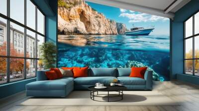 A boat drifts over transparent blue sea water, revealing the rocky seabed and underwater cliffs beneath. Wall mural