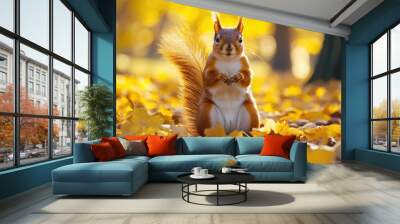 A curious red squirrel stands on hind legs among vibrant yellow leaves in an autumn park, sunlight filtering through the trees. Wall mural