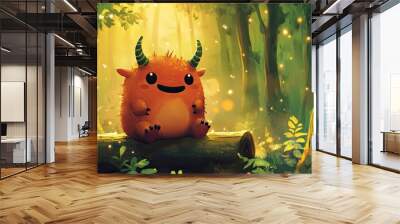 A cute, round cartoon monster with little horns and a big smile, sitting on a log in a magical forest. Wall mural