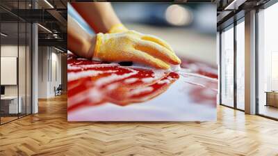 A detailed shot of a person cleaning a car, with focus on the hand wiping down the exterior, showcasing the effort in maintaining Wall mural