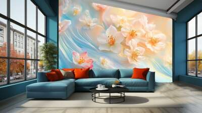 A flowing, colorful liquid texture background with delicate flowers floating on the surface, creating a dreamy, abstract floral design Wall mural