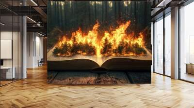 A forest aflame grows from the pages of an open book, illustrating the destructive power of knowledge. Wall mural