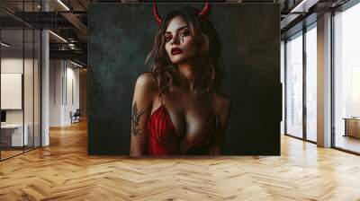 A Halloween-themed portrait of a woman in a sexy devil outfit, including red horns and a daring red dress, Wall mural