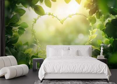 A heart shape formed by lush green leaves, with a softly blurred nature background. Ideal for concepts related to environmental care, sustainability, or natural beauty. Wall mural