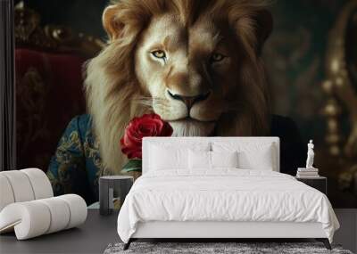 A lion in a luxurious suit holding a rose, squinting and showing flirtatious charm, embodying romantic elegance Wall mural