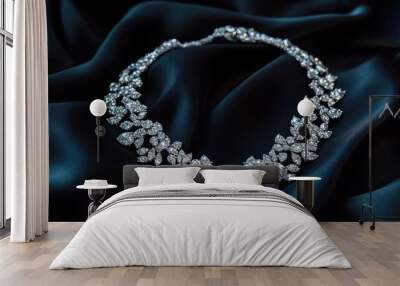 A platinum necklace with sparkling diamonds, set against rich dark silk fabric, showcasing the exquisite craftsmanship and elegance of luxury jewelry. Wall mural