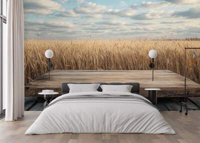 A rustic wooden podium atop a weathered table with a serene wheat field backdrop, perfect for Shavuot-inspired designs Wall mural