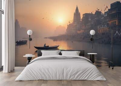 A serene view of the Varanasi ghats, where pilgrims perform rituals along the banks of the Ganges River. Wall mural