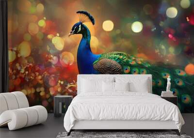 A stunning peacock with vibrant blue and green feathers standing proudly, set against colorful bokeh lights, highlighting Wall mural