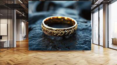 A stunning ring with Elvish writing, resting on a dark, magical surface, reflecting the mysterious power of Lord of the Rings. Wall mural