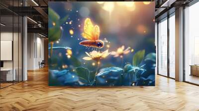 A tiny, adorable creature with a round body and little wings, flying around a glowing flower in a magical garden. Wall mural