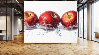 A trio of red apples collides with the water surface, creating an elegant splash, set against a bright white canvas. Wall mural