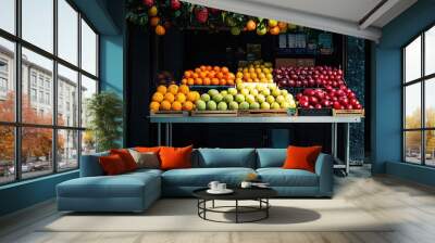 A vibrant array of fruits sits next to an empty stand, prepared for product display in a market or retail environment. Wall mural