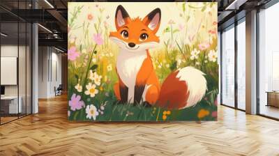 Adorable cartoon fox with a bushy tail, sitting in a meadow with flowers. Wall mural