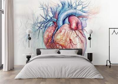 An educational illustration of the human heart and surrounding cardiovascular system, emphasizing the importance of heart health, wellness, and the diagnosis of conditions like Wall mural