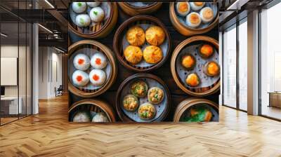 Chinese dim sum in bamboo steamers, featuring dumplings, buns, and assorted small bites, perfect for sharing. Wall mural