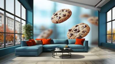 Chocolate chip cookies gracefully flying through the air, frozen in mid-flight against a blurred background, creating a fun and tasty visual feast. Wall mural