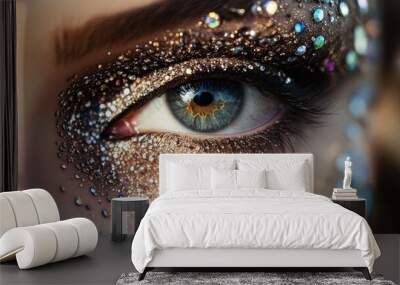 Close-up of a beautifully adorned eye with sparkly rhinestones, showcasing creative makeup artistry and attention to detail Wall mural