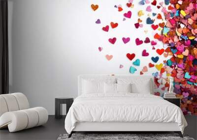 Colorful heart-shaped confetti against a white background, perfect for adding text on the right side. Wall mural