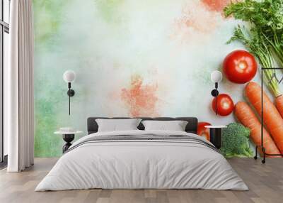 Creative flat lay of vegetables such as tomatoes, carrots, and broccoli on a watercolor background, Wall mural