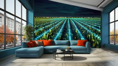 Crop rows at night illuminated by a futuristic digital grid overlay, showing the technological advancements of smart farming. Wall mural