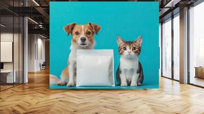 Cute dogs and cats obediently sitting next to a clean white pet food package, on a bright blue background Wall mural