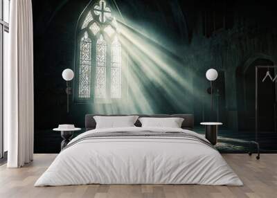 Dark church interior with sun rays illuminating through a crucifix-patterned glass window. A 3D render showcasing spiritual and serene ambiance. Wall mural