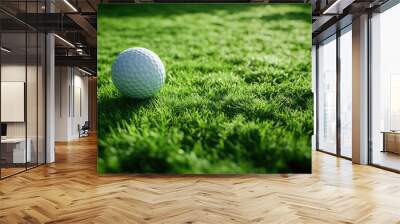 Detailed shot of a golf ball on a flawless grassy surface, showcasing the pristine turf and professional sports equipment in vivid 8k quality Wall mural