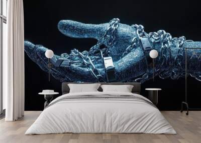 Digital chains: A digital hand wrapped in metallic chains, symbolizing the struggle for information security and freedom in the digital age Wall mural