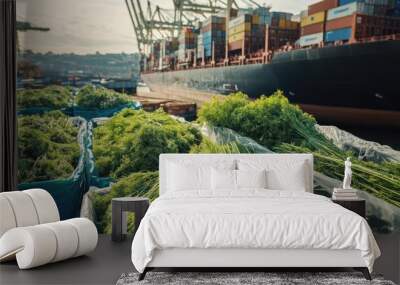 Dill packed and arranged near a cargo ship at a port, prepared for international shipment, showcasing the global trade Wall mural