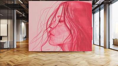 Faceless drawing of a woman with long hair, shaded in dark pink, against a minimalist light pink abstract background. Wall mural