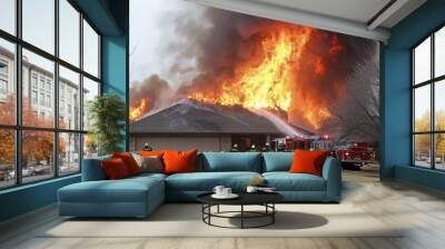 Flames rise from a house as firefighters bravely work to extinguish the fire, battling the intense heat and smoke. Wall mural