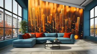 Golden bars rising in a financial chart on a dark background, visually representing market success and economic growth for corporate use. Wall mural