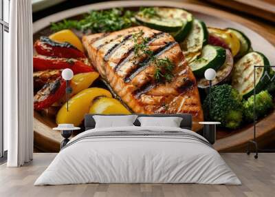 Grilled salmon fillet with assorted vegetables, arranged on a rustic plate, ideal for healthy dining and organic food ads Wall mural