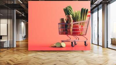 Illustration of a food price increase, with a stack of coins and a shopping cart filled with expensive groceries, Wall mural