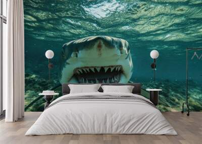 Looking up at a shark from the ocean floor, its wide, toothy mouth open in a threatening display, Wall mural