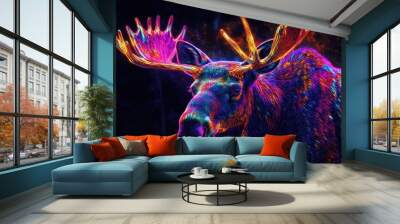 Neon moose with glowing antlers and vibrant fur, illuminated against a dark background, representing a magical and majestic visual Wall mural