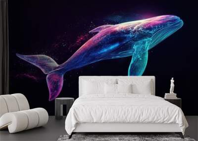 Neon whale illuminated in soft, glowing colors, swimming elegantly on a dark black backdrop, with space for creative text or messaging Wall mural