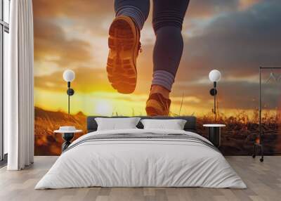 Running feet of a woman in the sunset, close-up shot highlighting the movement and vibrant colors of the evening sky. Wall mural