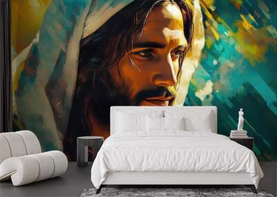 Serene generative AI portrait of Jesus Christ, highlighting his role as the savior and son of God, in a beautifully rendered religious image Wall mural