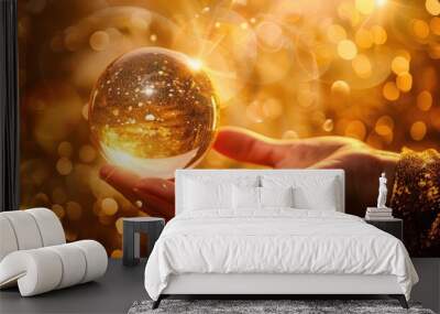 Shining crystal ball held in hand with 2025 numbers and bright stars, on a golden bokeh light background. Perfect for celebration and divination themes. Wall mural