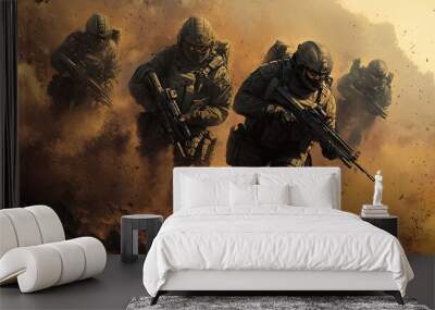 Soldiers in tactical gear, pushing forward through a dusty, chaotic battlefield, fully armed and ready for combat. Wall mural