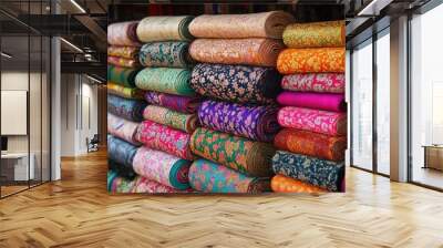 Stacks of vibrant textiles in an Indian market, displaying colorful patterns and traditional fabrics Wall mural