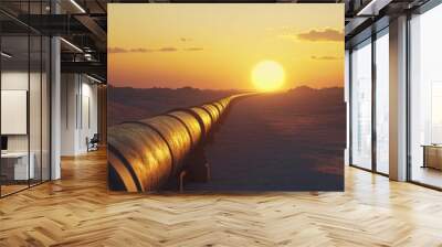 Sunset over a desert landscape with an oil pipeline snaking across the horizon, glowing in the warm, fading light Wall mural