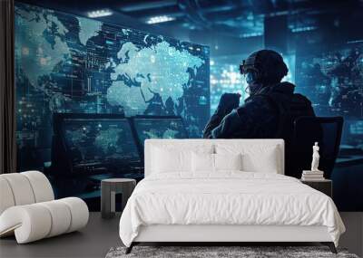 Tactical operations in a modern war room, featuring a soldier coordinating with digital maps and advanced technology Wall mural