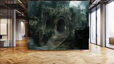 Time travel portal emerging in a fantasy city, with ancient architecture and a sense of mystery. Wall mural