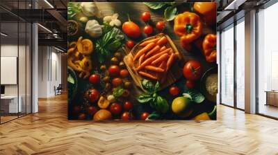 Traditional Italian cooking ingredients arranged in a vibrant composition, showcasing homemade food Wall mural