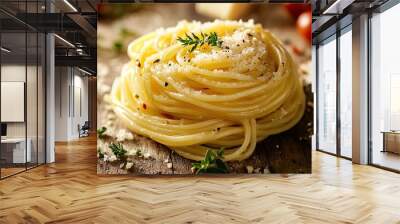 Traditional Italian spaghetti twirled and soaked inside a wheel of Grana Padano cheese, capturing the rich and creamy essence of authentic Italian dining. Wall mural